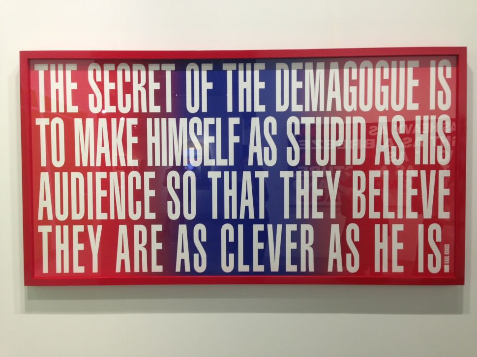 Barbara Kruger's Art for Hillary editioned work, for sale at Mary Boone's booth.