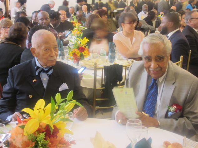 Former Mayor David Dinkins , left, and Congressman Charles Rangel, right, the only surviving members of the Gang of Four, listen during the power breakfast and tribute.
