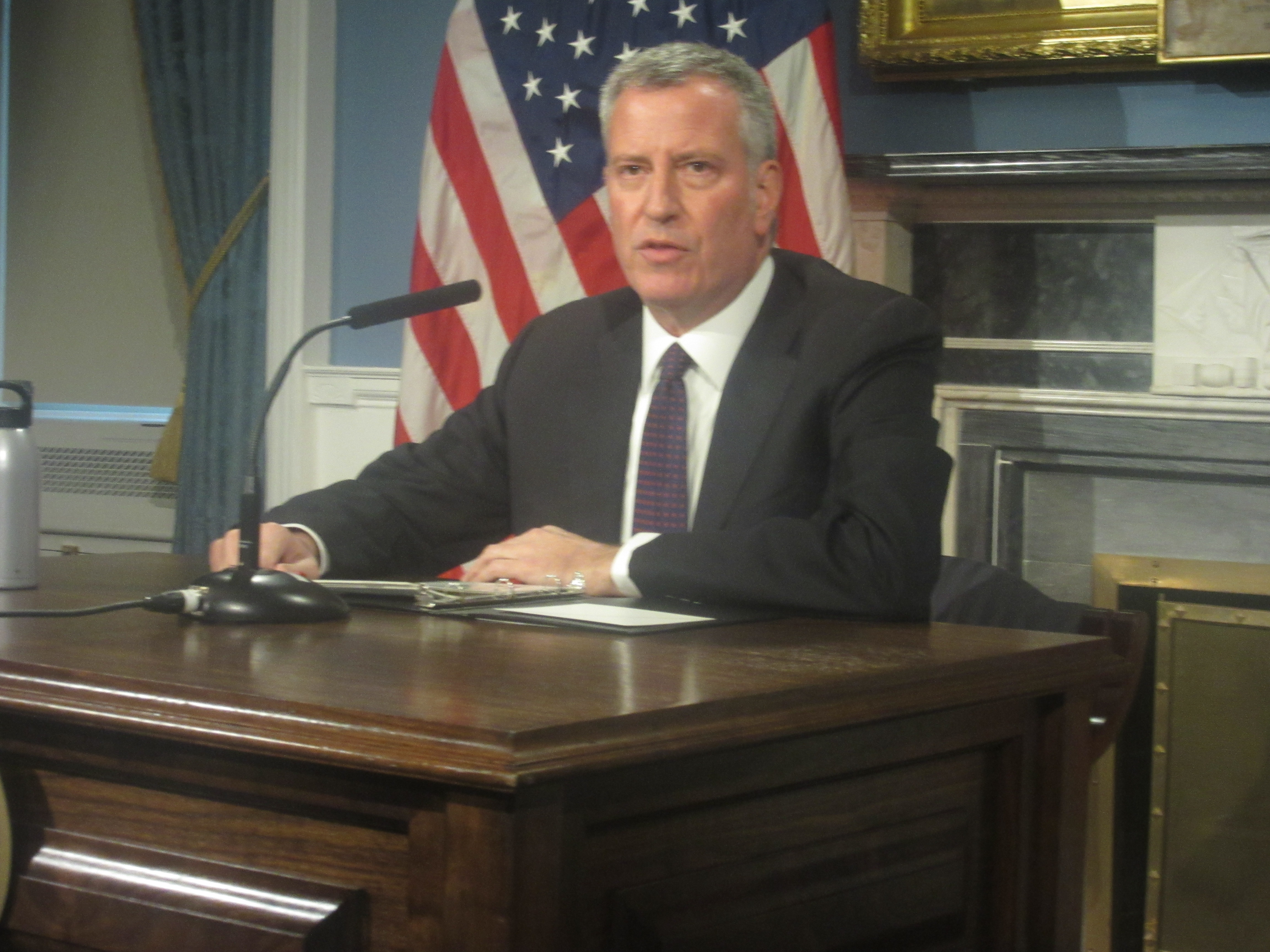 Mayor Bill de Blasio addresses the aftermath of Donald Trump winning the presidential election in City Hall's Blue Room.