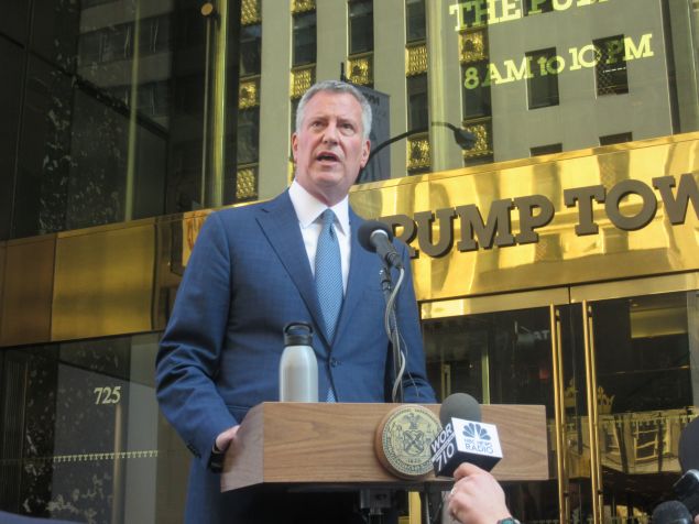 Mayor Bill de Blasio outside Trump Tower today.
