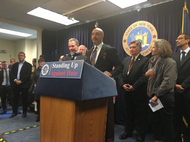 Kirsten John Foy of the National Action Network and New York Attorney General Eric Schneiderman speak out against hate speech and hate crimes.