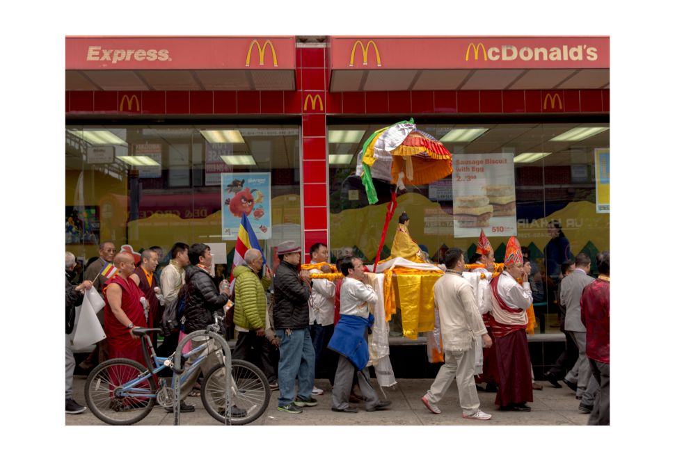 After a prayer ceremony, congregants march in a “Peace Parade” around Jackson Heights, Queens.