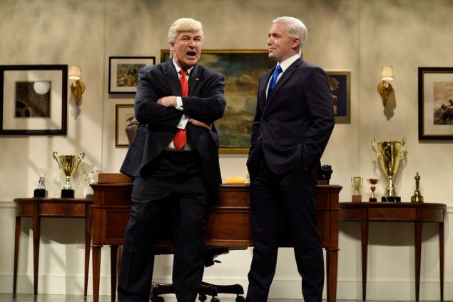 Alec Baldwin as Donald Trump and Beck Bennett as Mike Pence. (Photo by: Will Heath/NBC)
