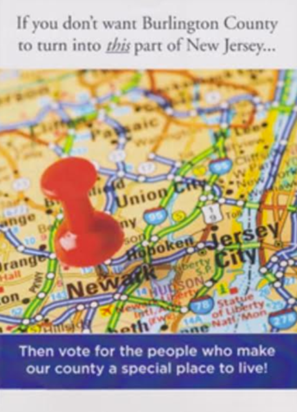 The mailer, which depicts a map of North Jersey.