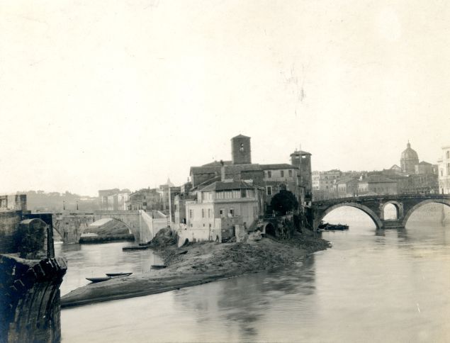 View of Tiber Island from Ponte Palatino, Rome, n.d. Albumen print.