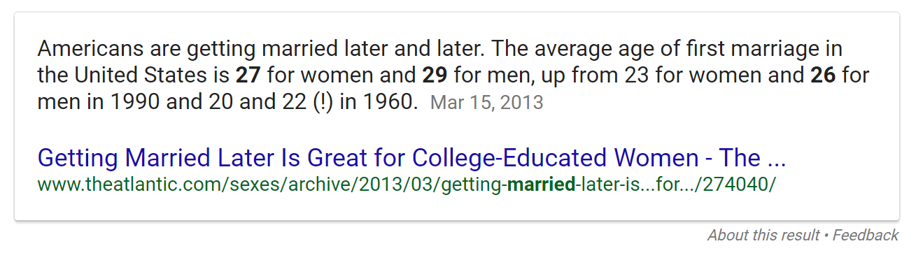 Average age of first marriage, according to Google.