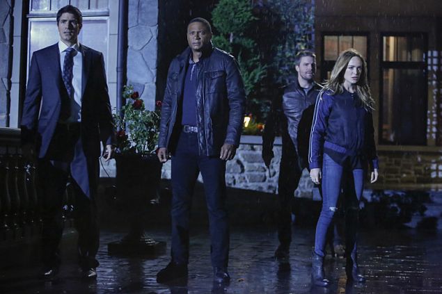 (L-R): Brandon Routh as Ray Palmer, David Ramsey as John Diggle, Stephen Amell as Oliver Queen, and Caity Lotz as Sara Lance.