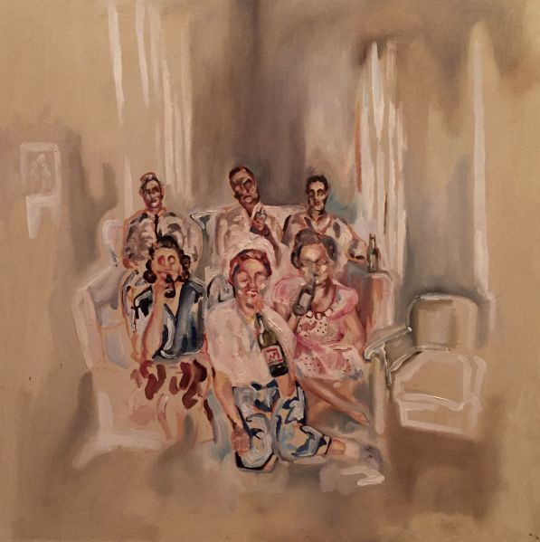 An eery family portrait, "Drinking Together."