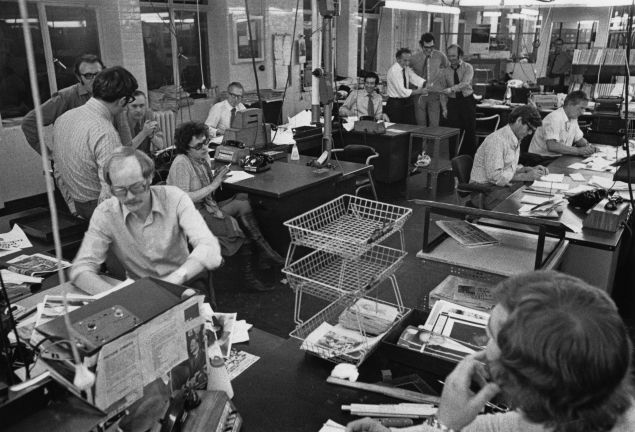 Evening Standard staff working on the night edition in the newsroom, London, 21st September 1971.