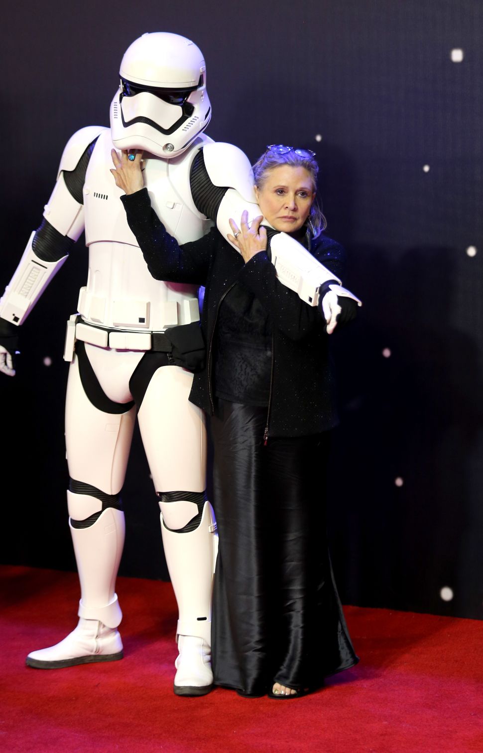 LONDON, ENGLAND - DECEMBER 16: Carrie Fisher attends the European Premiere of "Star Wars: The Force Awakens" at Leicester Square on December 16, 2015 in London, England.