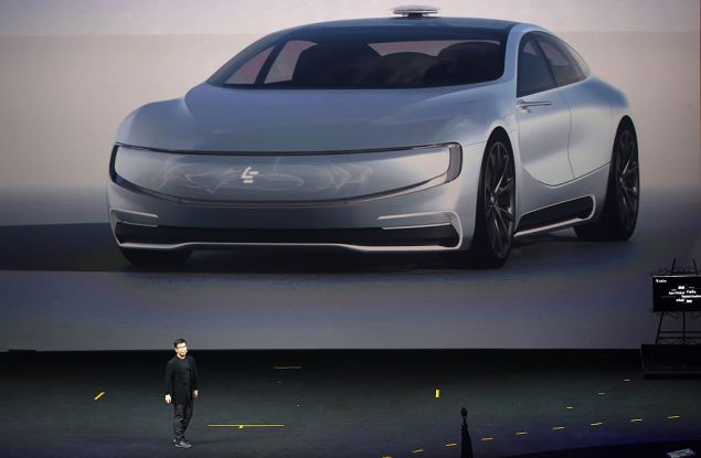 This photo taken on April 20, 2016 shows Chinese internet company LeEco Holdings Ltd unveils its internet electric battery driverless concept car 'LeSEE' during a launch event in Beijing. Chinese manufacturers and internet giants are in hot pursuit of their US counterparts in the race to design driverless cars, but the route to market is still littered with potholes. / AFP / STR / China OUT (Photo credit should read STR/AFP/Getty Images)