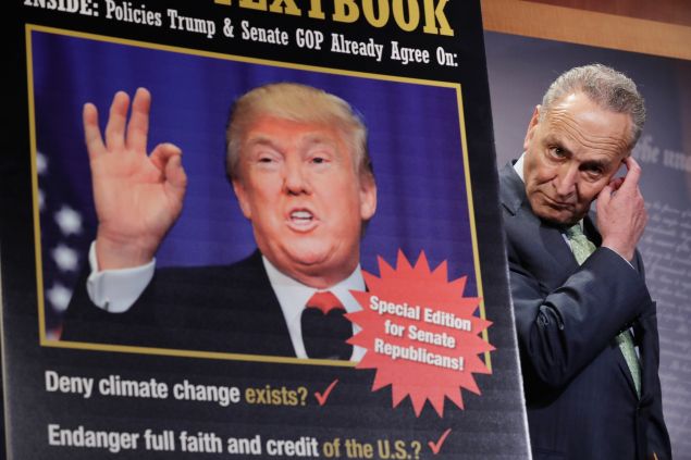 Sen. Charles Schumer at a press conference attacking then-candidate Donald Trump in May.