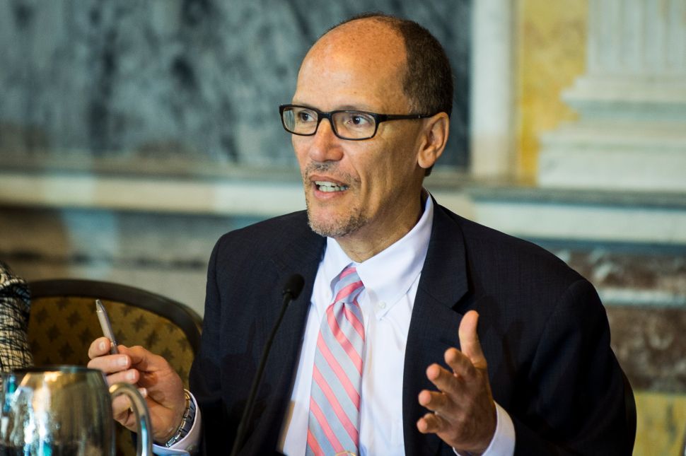 Department of Labor Secretary Thomas Perez delivers remarks during a public meeting of the Financial Literacy and Education Commission at the United States Treasury on June 29, 2016 in Washington, DC.