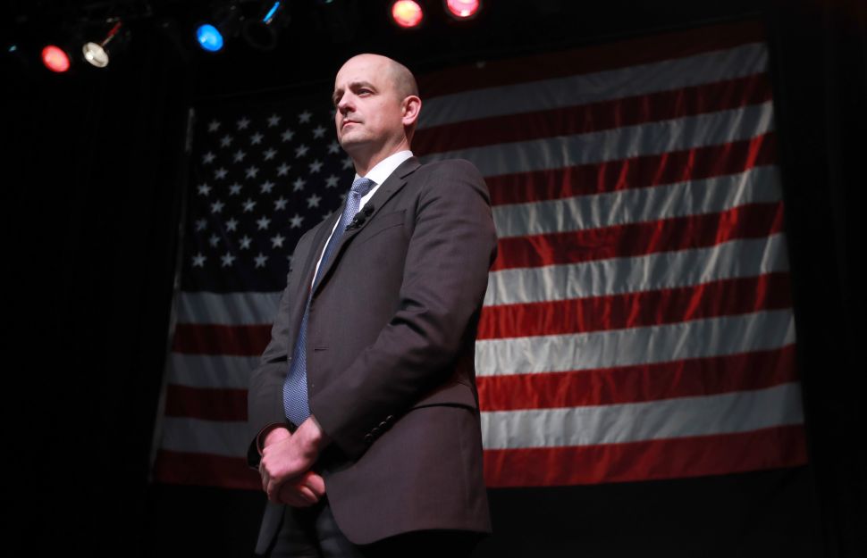 U.S. Independent presidential candidate Evan McMullin waits to speak to supporters at an election night party on November 8, 2016 in Salt Lake City, Utah.
