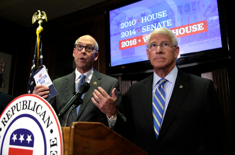 National Republican Senatorial Committee Chairmen Sen. Roger Wicker (R) and Rep. Greg Walden hold a joint news conference at the Republican National Committee (RNC) in Washington, DC, following a Trump victory on November 9, 2016.