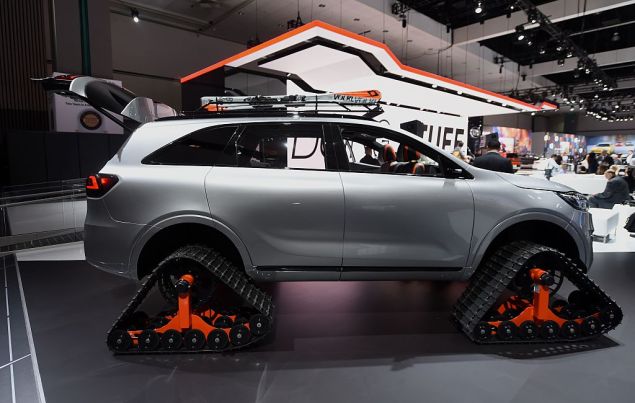 A Kia Sorrento "Ski Gondola" autonomous concept car with rubber track tires is on display during media preview days ahead of the public opening of the Los Angeles Auto Show, in Los Angeles, California, November 16, 2016. The LA Auto Show is open to the public from November 18 through November 27. / AFP / Robyn Beck (Photo credit should read ROBYN BECK/AFP/Getty Images)