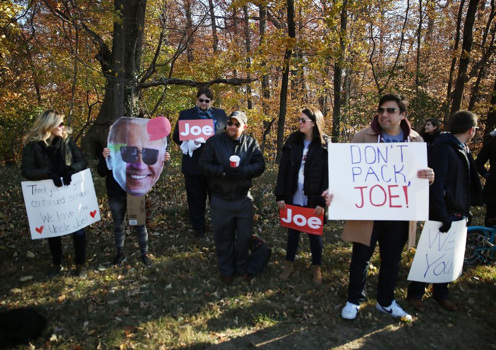 Supporters of Vice President Biden rally outside vice president Joseph Biden's residence at the Naval Observatory, to thank him for his years of public service, on November 22, 2016 in Washington, DC.