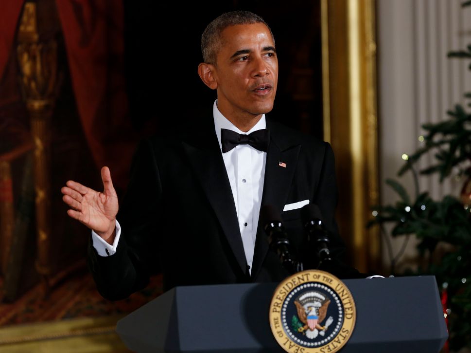 President Barack Obama speaks during a ceremony for the 2016 Kennedy Center honorees December 4, 2016 in the East Room of the White House in Washington, DC. The honorees include Eagles band members, actor Al Pacino and singer James Taylor.