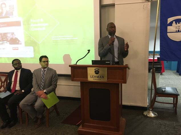 Small Business Services Commissioner Gregg Bishop speaks to minority- and women-owned businesses at an MWBE open house hosted by the city and SBS in the Bronx.
