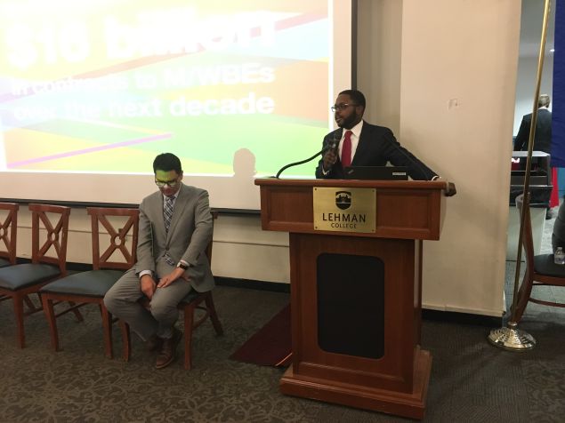 Rev. Jonnel Doris, the city's senior MWBE adviser, addresses MWBEs at the Bronx open house.
