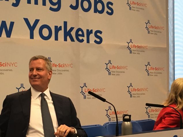 Mayor Bill de Blasio speaks at a press conference where he unveiled a new, $500 million life sciences initiative.
