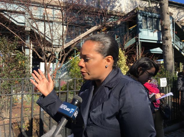 Queens Councilwoman Julissa Ferreras, chairwoman of the City Council's Finance Committee, addresses reporters after a press conference.