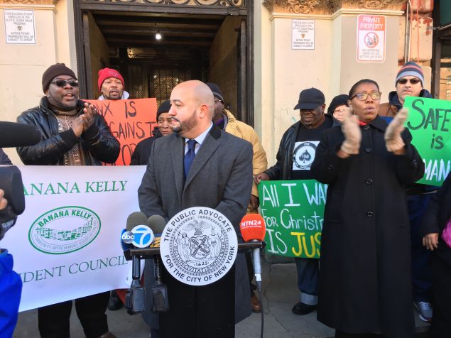 Bronx Councilman Rafael Salamanca speaks at a press conference where Bronx tenants announced a lawsuit against their landlord.
