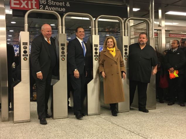 MTA Chairman Thomas Prendergast, Gov. Andrew Cuomo and Congresswoman Carolyn Maloney enter the 96th Street Station of the long-awaited Second Avenue Subway line.