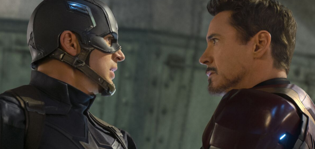 Chris Evans as Captain America and Robert Downey Jr. as Iron Man. 
