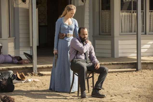 Evan Rachel Wood as Dolores and Jeffrey Wright as Arnold.