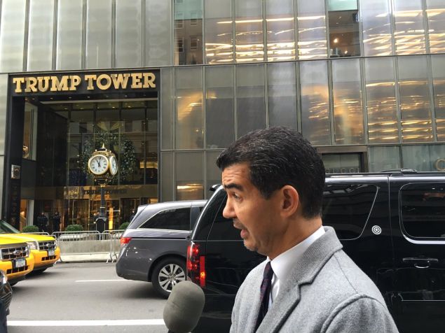 Councilman Ydanis Rodriguez, chairman of the City Council's Transportation Committee, speaks to reporters across the street from Trump Tower.
