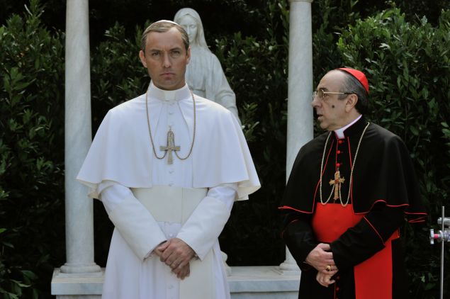 Jude Law as Lenny Belardo and Silvio Orlando as Cardinal Voiello.