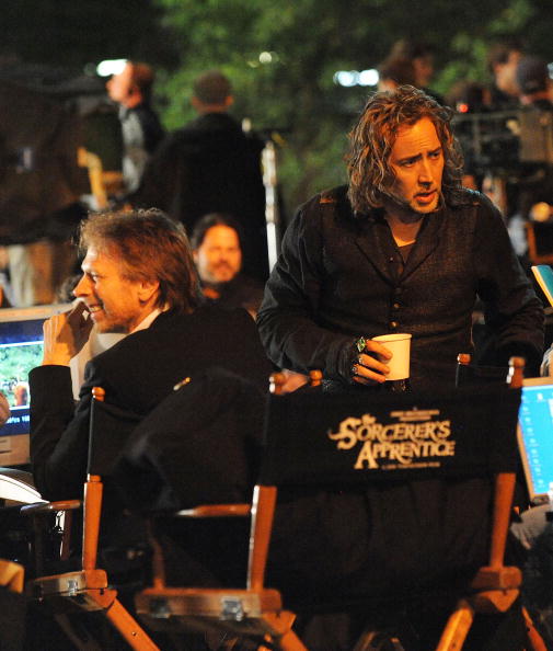 Producer Jerry Bruckheimer and actor Nicolas Cage on location for "The Sorcerer's Apprentice" in New York City. (Photo by Bobby Bank/WireImage)