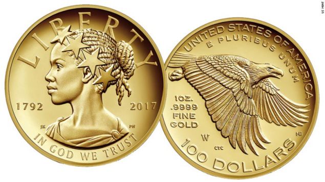 The U.S. Mint's 225th anniversary commemorative $100 gold coin features a black Lady Liberty.