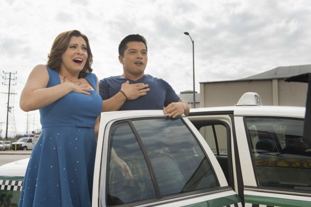 Rachel Bloom as Rebecca and Vincent Rodriguez III as Josh.