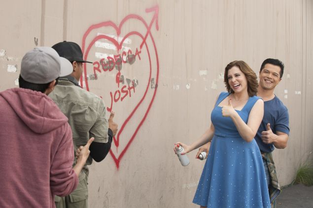 Rachel Bloom as Rebecca and Vincent Rodriguez III as Josh.