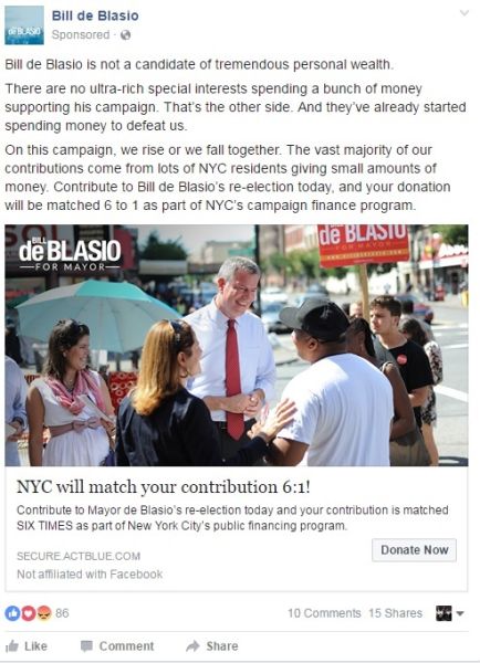 The de Blasio Facebook funding pitch.