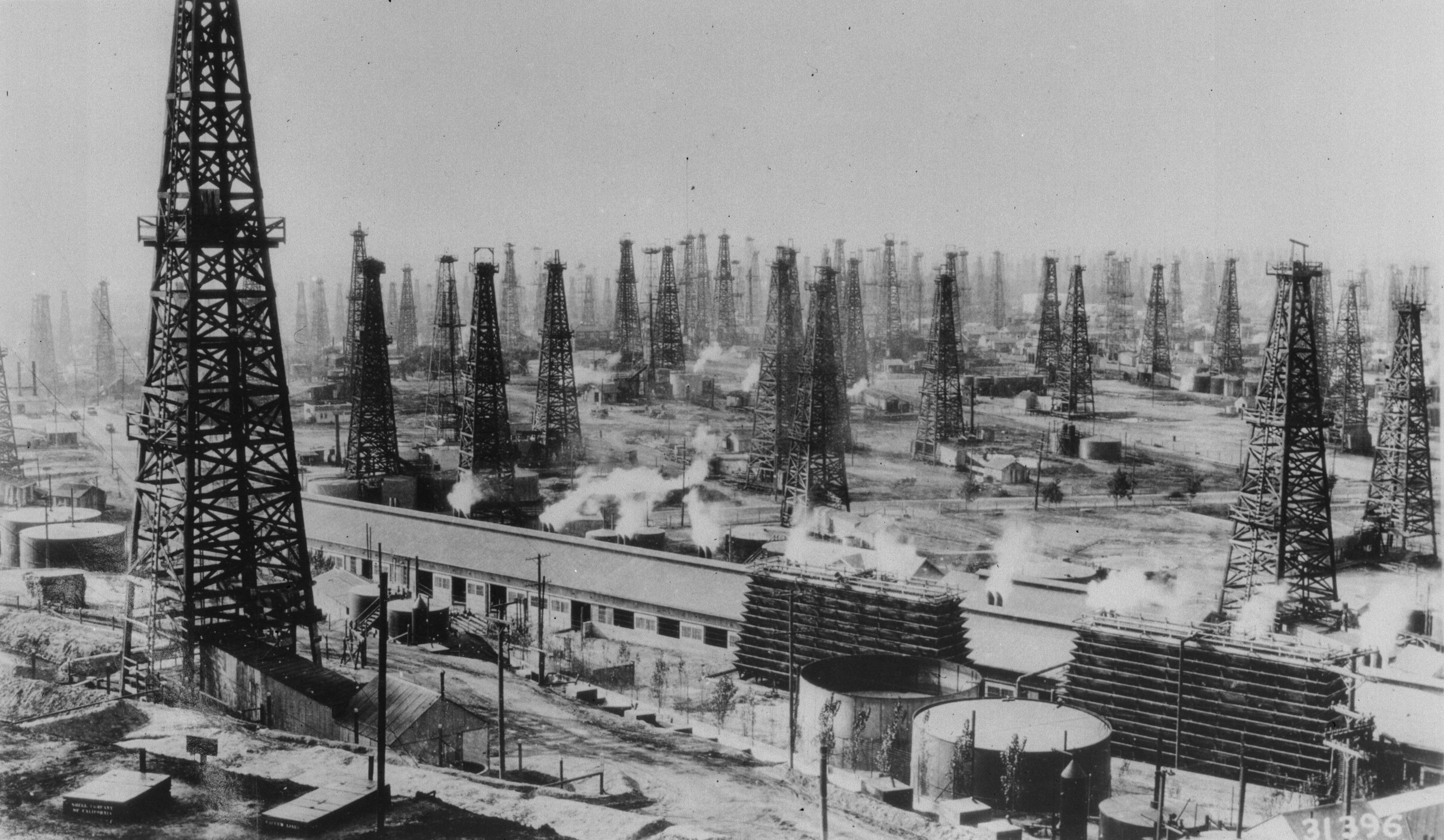 May 1938: An oilfield of rotary derricks in the USA.