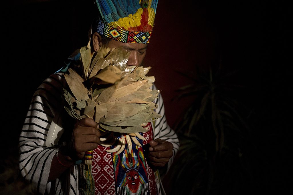 A healer starting a Yage ceremony in La Calera, Cundinamarca department, Colombia. Yage, a mixture of the Ayahuasca hallucinogenic liana and a psychoactive bush, attracts many people in Colombia, who seek to participate in a traditional indigenous ritual of spiritual and physical healing impossible to realize in many countries where these plants are considered drugs. AFP PHOTO/EITAN ABRAMOVICH (Photo credit should read EITAN ABRAMOVICH/AFP/Getty Images)
