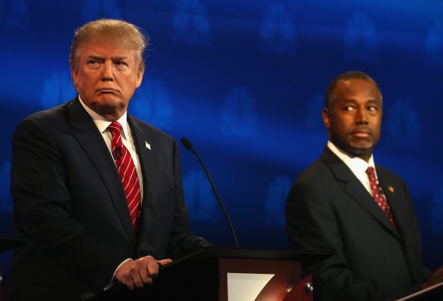 Then-candidates Donald Trump and Dr. Ben Carson during the CNBC Republican Presidential debate at the University of Colorados at Boulder in October 2015.