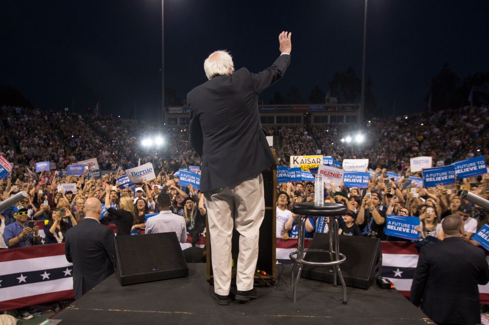 Sen. Bernie Sanders appears at a campaign rally at California State University on May 17, 2016.
