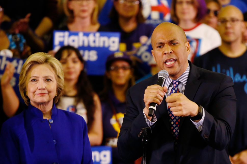 Senator Cory Booker at a campaign rally for Hillary Clinton on June 1, 2016, in Newark, New Jersey. 