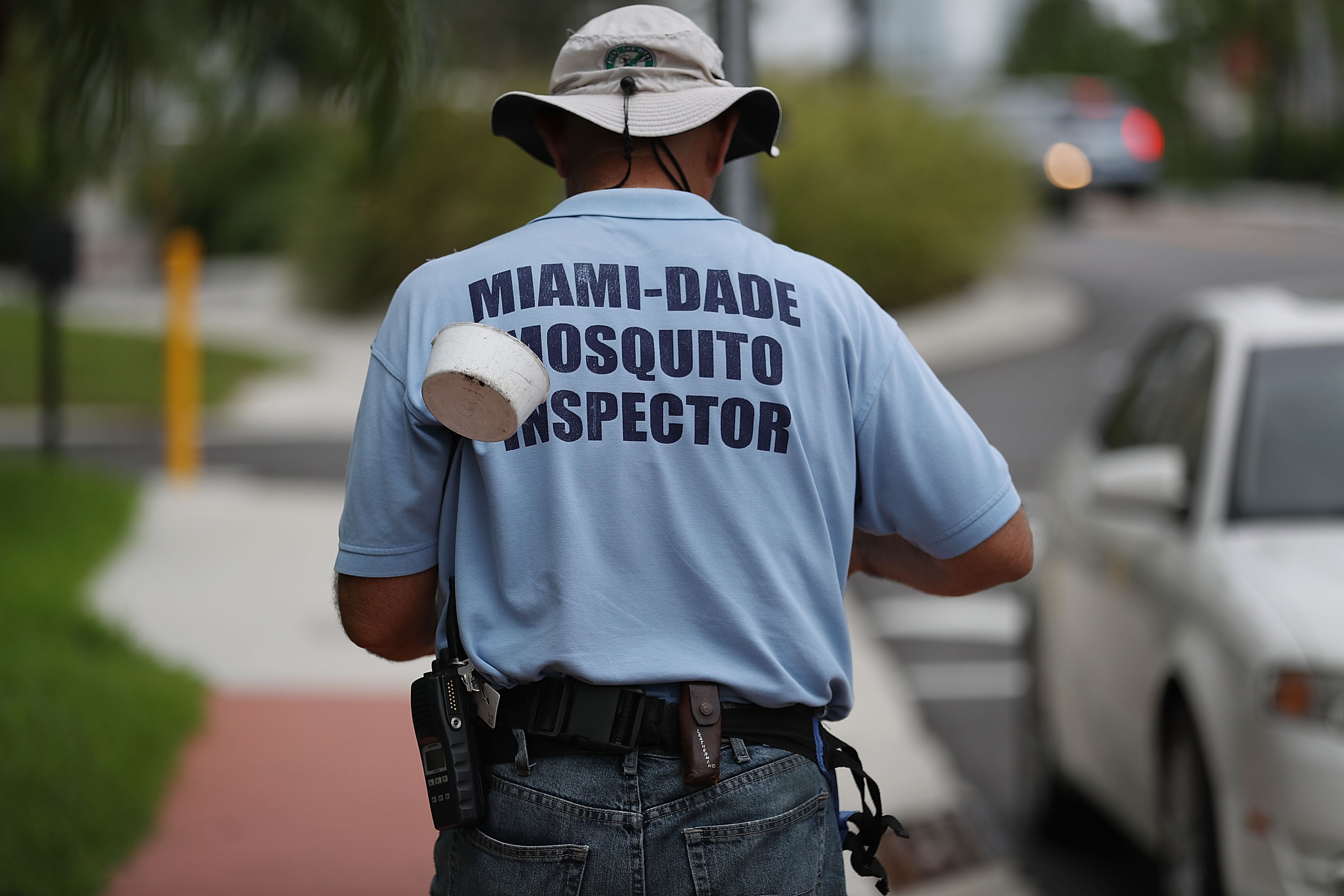 A Miami-Dade County mosquito control inspector, walks through the streets looking for places that might hold breeding mosquitos that are carrying the Zika virus on September 2, 2016 in Miami Beach, Florida.