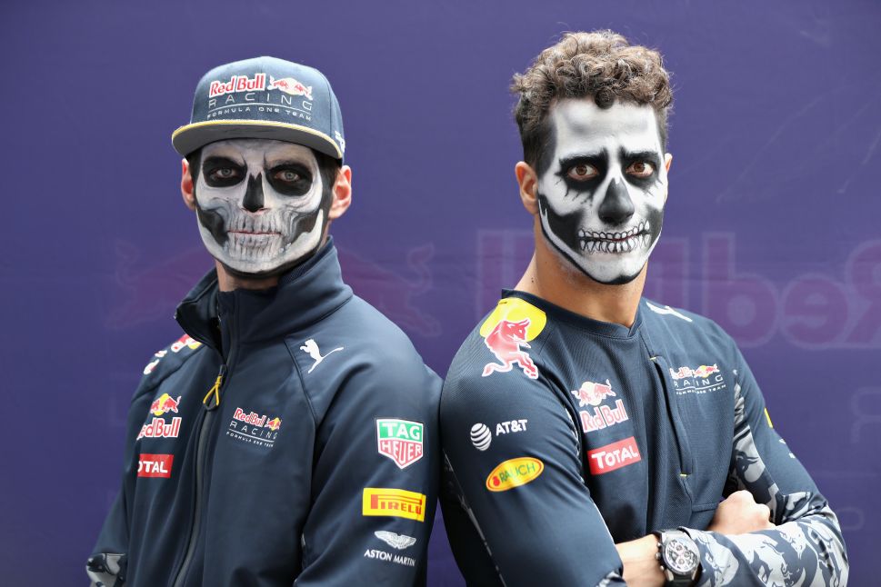 MEXICO CITY, MEXICO - OCTOBER 27: Daniel Ricciardo of Australia and Red Bull Racing and Max Verstappen of Netherlands and Red Bull Racing in full Dia de Muertos face paint during previews to the Formula One Grand Prix of Mexico at Autodromo Hermanos Rodriguez on October 27, 2016 in Mexico City, Mexico. (Photo by Mark Thompson/Getty Images)