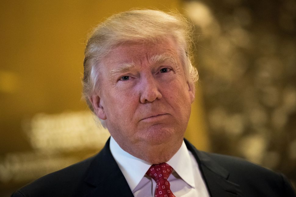 NEW YORK, NY - JANUARY 9: President-elect Donald Trump speaks to reporters following his meeting with Jack Ma, Chairman of Alibaba Group, meeting at Trump Tower, January 9, 2017 in New York City. President-elect Donald Trump and his transition team are in the process of filling cabinet and other high level positions for the new administration.