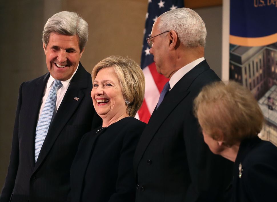 WASHINGTON, DC - JANUARY 10: (L-R), Secretary of State John Kerry and former secretaries of State, Hillary Clinton, Colin Powell and Madeleine Albright attend a reception celebrating the completion of the U.S. Diplomacy Center Pavilion, at the State Department on January 10, 2017 in Washington, DC. The first floor of the pavilion is dedicated and named the Hillary Rodham Clinton Pavilion. 