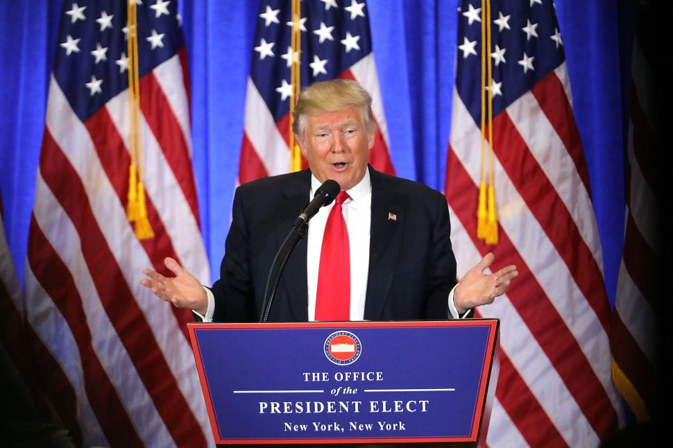 President-elect Donald Trump speaks at a news conference at Trump Tower on January 11, 2017.
