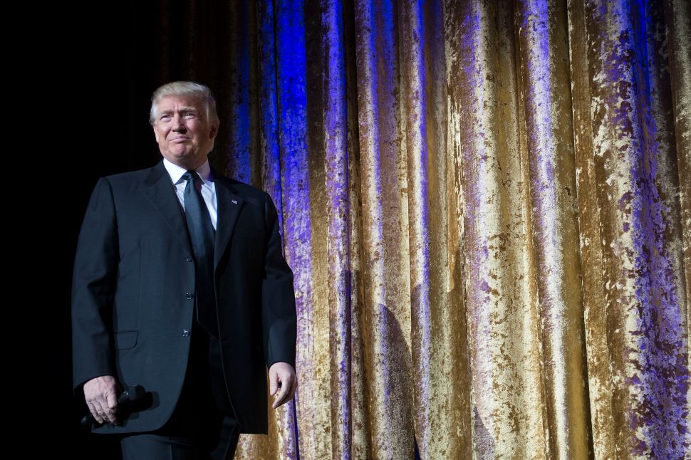 WASHINGTON, DC - JANUARY 17: President-elect Donald Trump delivers remarks at the Chairman's Global Dinner, at the Andrew W. Mellon Auditorium in on January 17, 2017 in Washington, DC. The invitation-only black-tie event offered an opportunity for Trump to introduce himself and members of his cabinet to foreign diplomats.