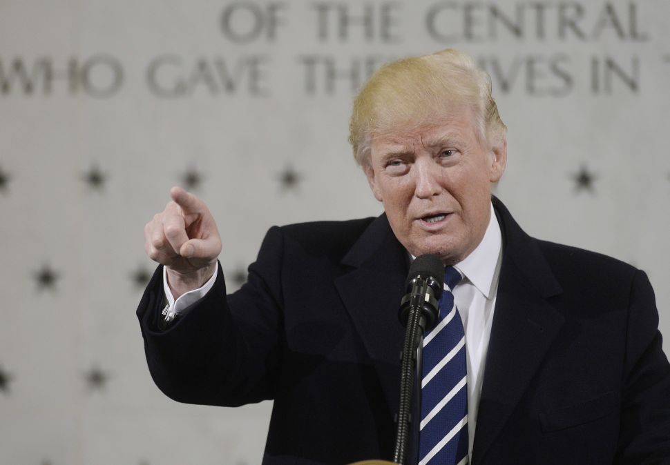 LANGLEY, VA - JANUARY 21: US President Donald Trump speaks at the CIA headquarters on January 21, 2017 in Langley, Virginia . Trump spoke with about 300 people in his first official visit with a government agaency.