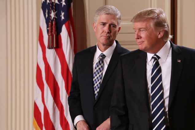 WASHINGTON, DC - JANUARY 31: U.S. President Donald Trump (R) nominates Judge Neil Gorsuch to the Supreme Court during a ceremony in the East Room of the White House January 31, 2017 in Washington, DC. If confirmed, Gorsuch would fill the seat left vacant with the death of Associate Justice Antonin Scalia in February 2016. (Photo by Chip Somodevilla/Getty Images)
